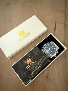 OLEVS Men's Blue Dial Chronograph Watch with Gold Accents